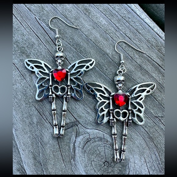 Halloween Earrings “Fairy Skeleton” Silver Red Heart Whimsy Goth Edgy Dangle New - Picture 2 of 12